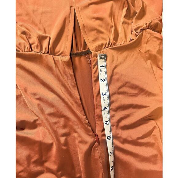 Revolve Krisa Dress Medium Mockneck Midi Slit on Leg Elegant Open Back Brown - Picture 7 of 13